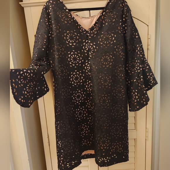 Jax Black Label Women's Black Laser-Cut Jacquard Bell-Sleeve Dress Size 16 - Picture 5 of 6